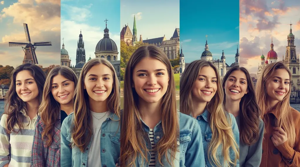 generar una imagen de un grupo de quinceañeras en Europa con fondo llamativos y alusivos al viaje y los diversos sitios a visitar como Inglaterra, Países Bajos, Bélgica, Francia, Suiza, Alemania, República Chec (1).webp